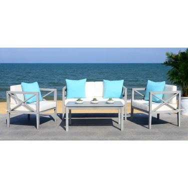Nunzio Grey Wash, White and Light Blue 4-Piece Outdoor Set with Accent Pillows