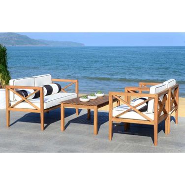 Nunzio Teak, Black and White 4-Piece Outdoor Set with Accent Pillows