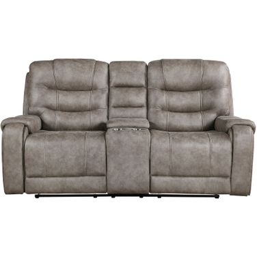 Oberon Double Reclining Loveseat with Center Console In Brown and Gray