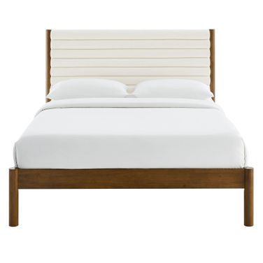 Olea Channel Tufted Boucle Solid Wood Full Platform Bed In Feather and Walnut