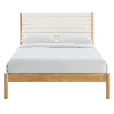 Olea Channel Tufted Boucle Solid Wood Queen Platform Bed In Feather and Oak