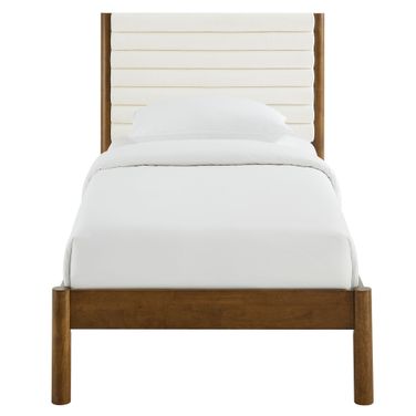 Olea Channel Tufted Boucle Solid Wood Twin Platform Bed In Feather and Walnut