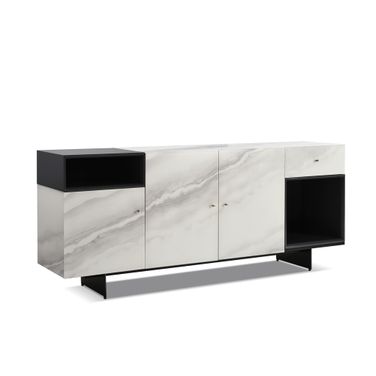 Olivia 3-Door Sideboard with Marble-Effect Tempered Glass In White and Black