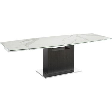 Olivia Dining Table In White Marbled Porcelain Top On Glass With Dark Gray Oak Base