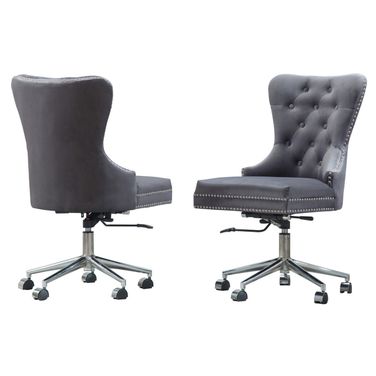 Olivia Swivel Office Chair with Tufted Seat In Dark Gray Velvet and Stainless Steel