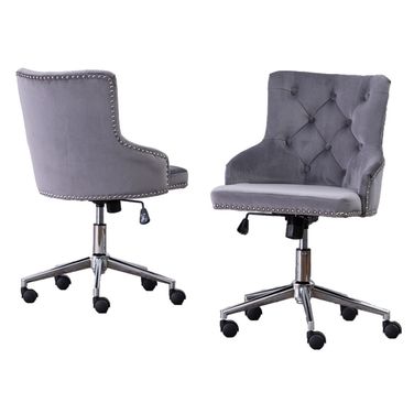 Olivia Swivel Office Chair with Tufted Seat In Dark Gray Velvet and Stainless Steel