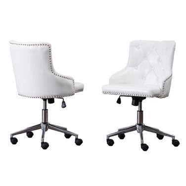 Olivia Swivel Office Chair with Tufted Seat In White Faux Leather and Stainless Steel