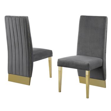 Omar Tufted Accent Side Chairs Set of 2 In Gray Velvet and Gold Chrome