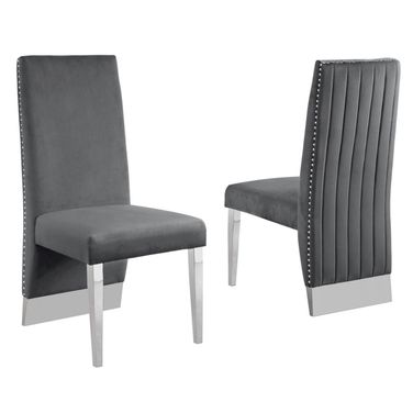 Omar Tufted Accent Side Chairs Set of 2 In Gray Velvet and Silver Chrome