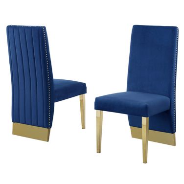 Omar Tufted Accent Side Chairs Set of 2 In Navy Blue Velvet and Gold Chrome