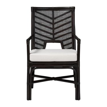 Oscar Handwoven Wicker Natural Rattan Dining Chair with Chevron Back and Armrests In Espresso