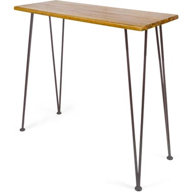 Outdoor Bar Table with Wood Tabletop and Iron Hairpin Legs In Black and Teak