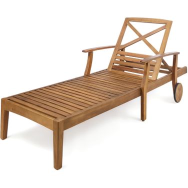 Outdoor Chaise Lounge with Adjustable Seating and Wheels In Teak