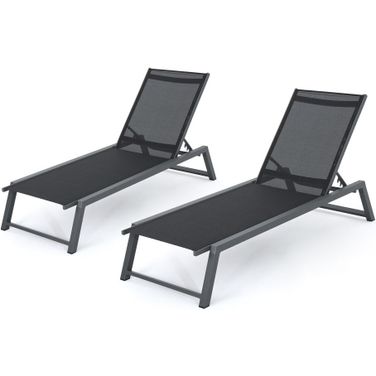 Outdoor Chaise Lounge with Mesh Back and Metal Frame In Black