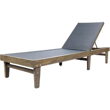 Outdoor Chaise Lounge with Mesh Seating and Acacia Wood Frame In Dark Grey
