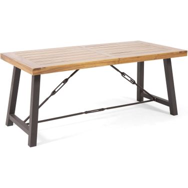 Outdoor Dining Table with Slat Wooden Panel and Turnbuckle Accents In Teak
