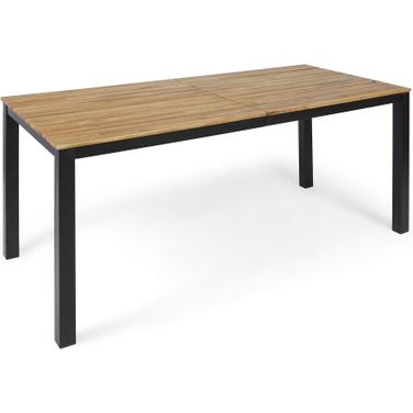 Outdoor Dining Table with Slatted Tabletop and Iron Legs In Black and Teak