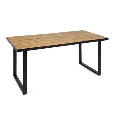 Outdoor Dining Table with U Shape Legs and Slat Top In Teak