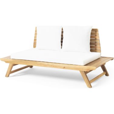 Outdoor Loveseat with Slatted Design and Cushion In Teak