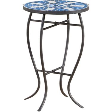 Outdoor Round Side Table with Mosaic-Style Top and Curved Iron Legs In Blue and Matte Black