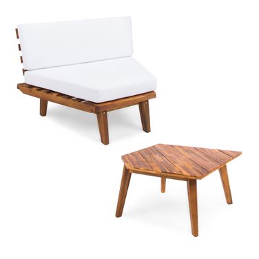 Outdoor Acacia Wood Set with Asymmetric Design Sofa Corner and Table In White