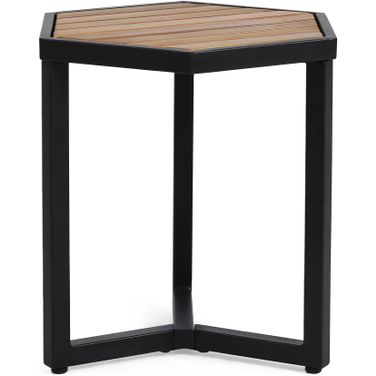 Outdoor Side Table with Iron Base and Slatted Top In Brown