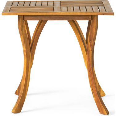Outdoor Square Table with Curved Legs and Perpendicular Wooden Slats Top In Teak