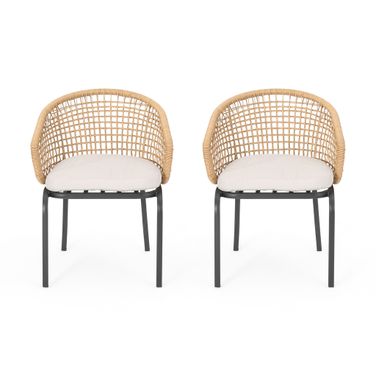 Outdoor Wicker Chair with Powder-Coated Iron Legs In Light Brown