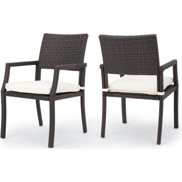 Outdoor Wicker Dining Chair with Water-Resistant Cushions Set of 2 In White and Brown