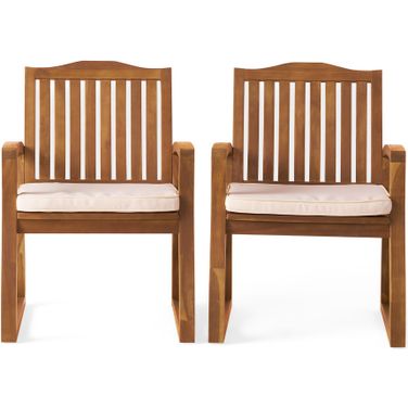 Outdoor Wooden Armchair with Slat Back and Water-Resistant Cushion In Brown