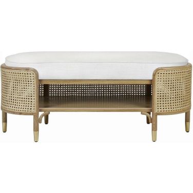 Oval Bench In Cerused Oak And Natural Cane With White Linen Cushion