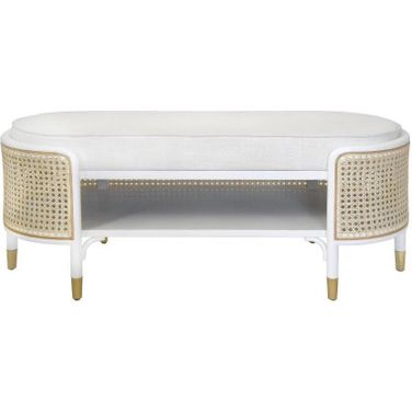 Oval Bench In Matte White And Natural Cane With White Linen Cushion