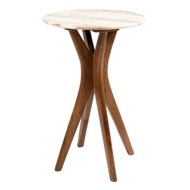 Owen Round Mango Wood and Marble Martini Accent Table In Walnut