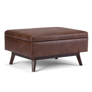 Owen Vegan Faux Leather Coffee Table Storage Ottoman In Distressed Saddle Brown