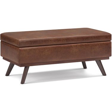 Owen Vegan Faux Leather Lift Top Large Coffee Table Storage Ottoman In Distressed Saddle Brown