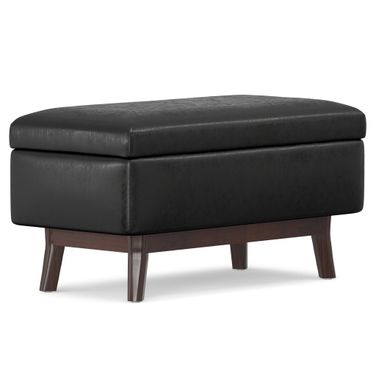 Owen Vegan Faux Leather Small Rectangular Storage Ottoman In Distressed Black