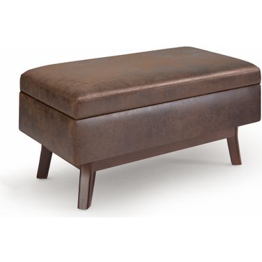 Owen Vegan Faux Leather Small Rectangular Storage Ottoman In Distressed Chestnut Brown