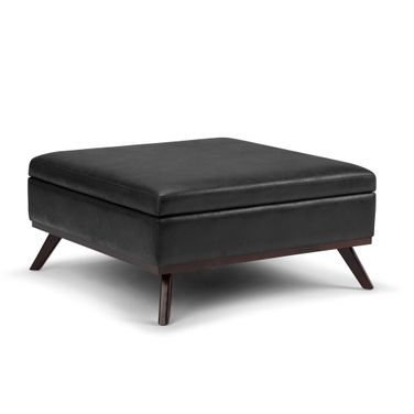Owen Vegan Faux Leather Square Coffee Table Storage Ottoman In Distressed Black