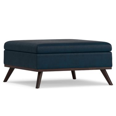Owen Vegan Faux Leather Square Coffee Table Storage Ottoman In Distressed Dark Blue