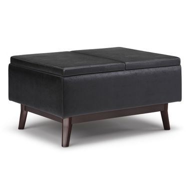 Owen Vegan Faux Leather Tray Top Small Coffee Table Storage Ottoman In Distressed Black