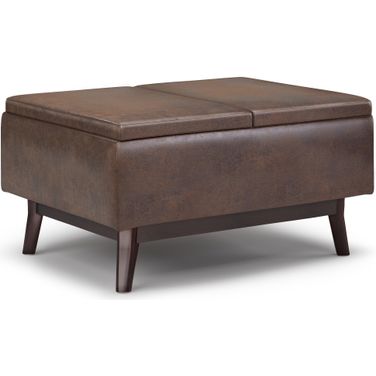 Owen Vegan Faux Leather Tray Top Small Coffee Table Storage Ottoman In Distressed Chestnut Brown