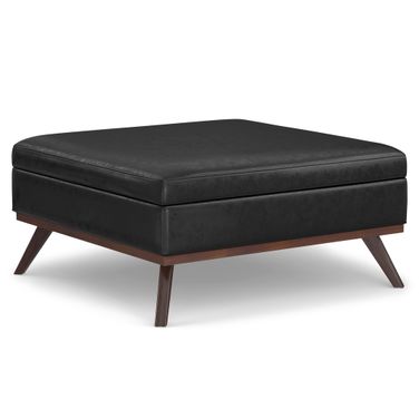 Owen Vegan Faux Leather XL Square Coffee Table Storage Ottoman In Distressed Black