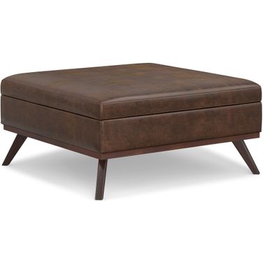 Owen Vegan Faux Leather XL Square Coffee Table Storage Ottoman In Distressed Chestnut Brown
