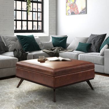 Owen Vegan Faux Leather XL Square Coffee Table Storage Ottoman In Distressed Saddle Brown