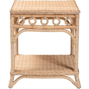 Oxford Braided Natural Rattan Square End Table with Shelf In Natural Brown