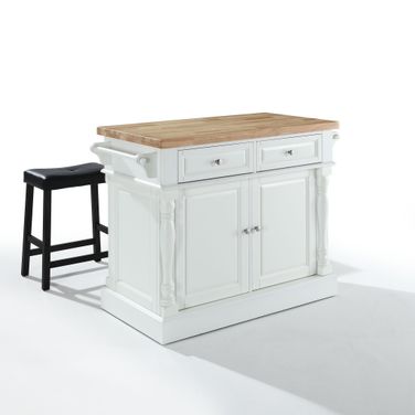 Oxford Kitchen Island W/Upholstered Saddle Stools In White and Black