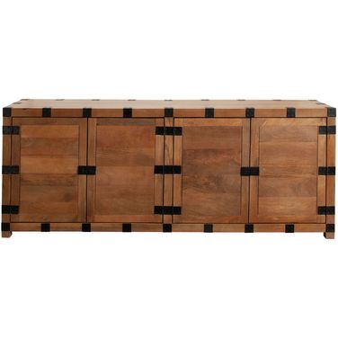 Oxford Solid Mango Wood 4-Door Sideboard In Oak Finish With Black Metal Bracket
