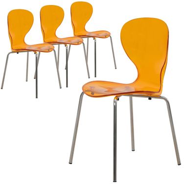Oyster Modern Side Chair In Transparent Orange with Chromed Base Set of 4
