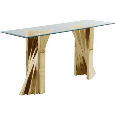 Ozuna Geometric Console Table In Clear Glass and Gold Stainless Steel