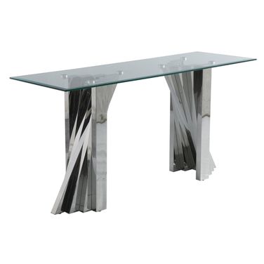 Ozuna Geometric Console Table In Clear Glass and Silver Stainless Steel